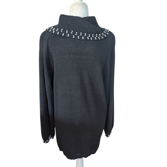 Vtg Ramie Black Embellished Pearls/Crystal Tunic Black Cowl Knit Sweater Sz M - Picture 3 of 12